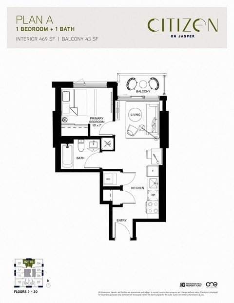Floor plan for 1 bed, 1 bath, 469 sqft